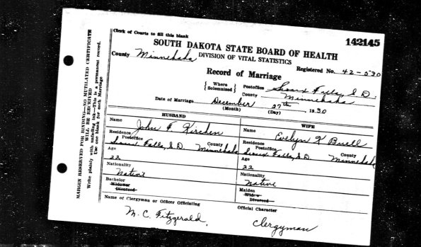 1930 Dec 27 Marriage Cert for John F Kirchen and Evelyn K Buell